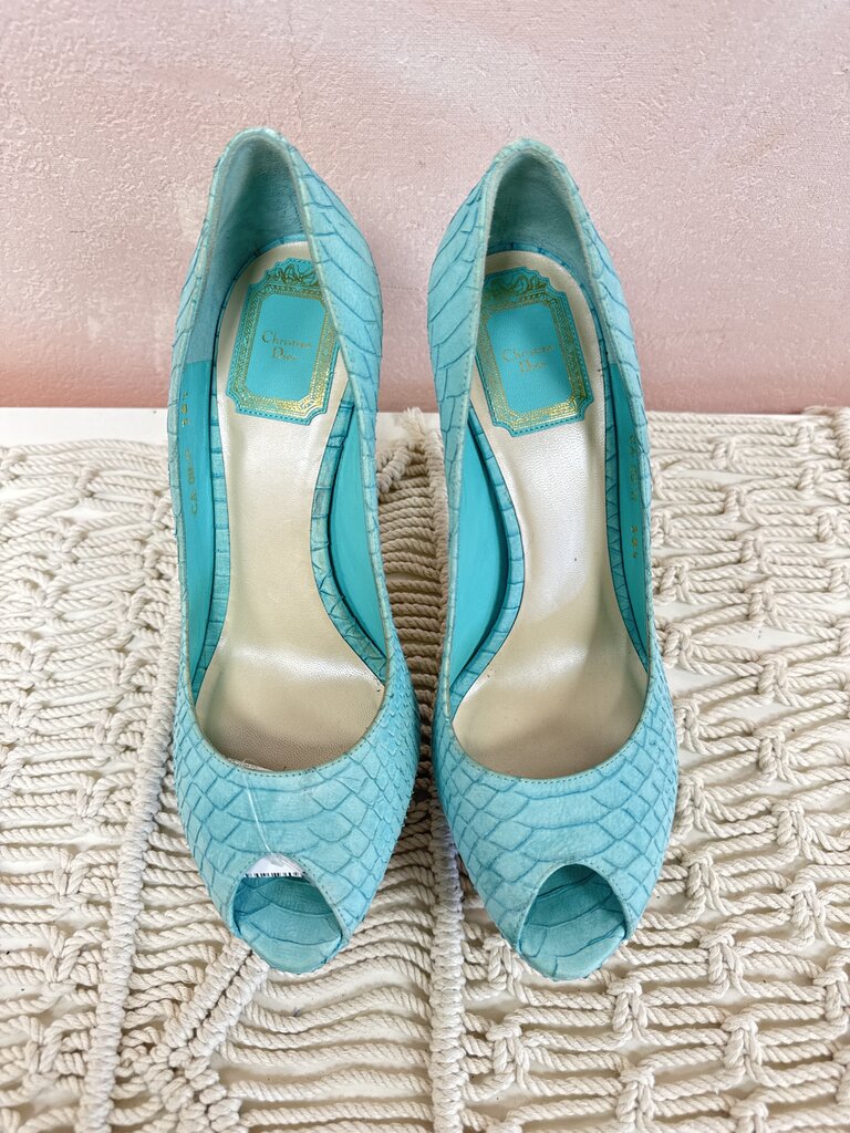 Dior Turquoise Python Embossed Peep Toe Pump