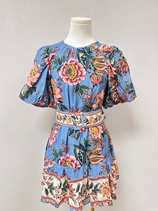 Farm Rio Blue Floral Puff Sleeve Mini Dress