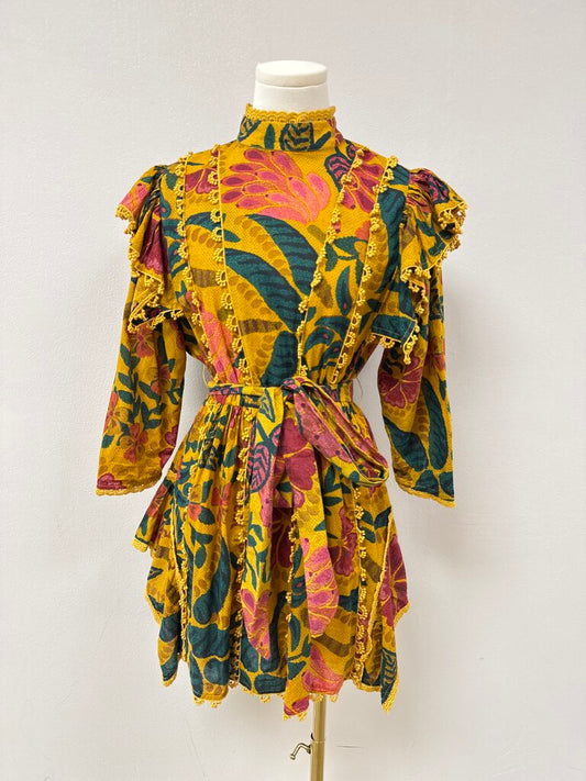 Farm Rio Yellow Floral Puff Sleeve Mini Dress