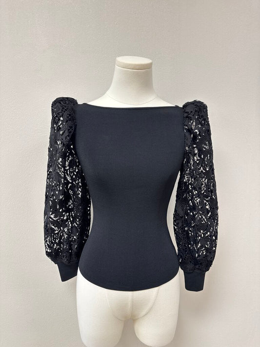 alice + olivia Black Lace Puff Sleeve Top