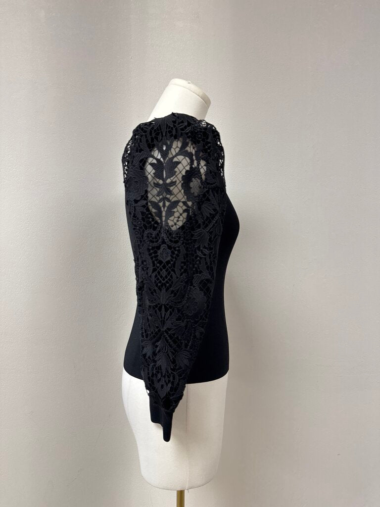alice + olivia Black Lace Puff Sleeve Top