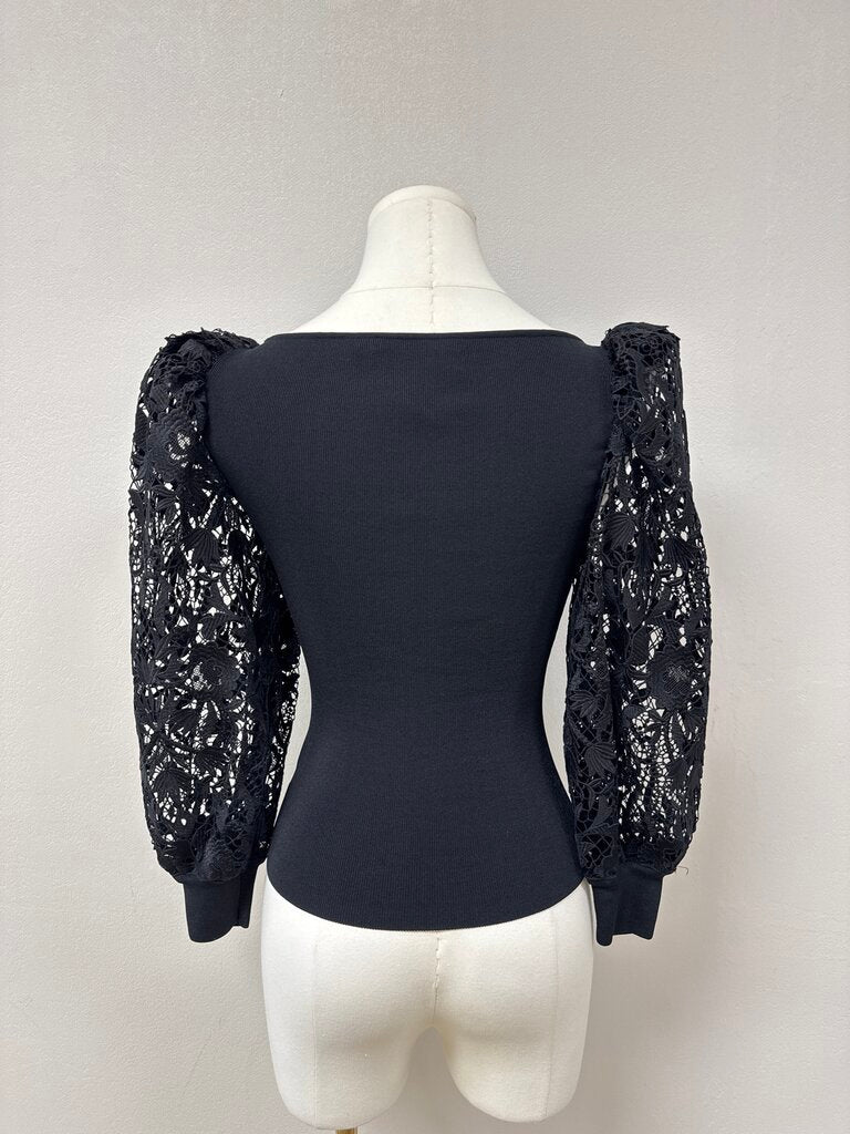 alice + olivia Black Lace Puff Sleeve Top