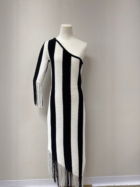 BCBG Black and White One Shoulder Fringe Dress NWT