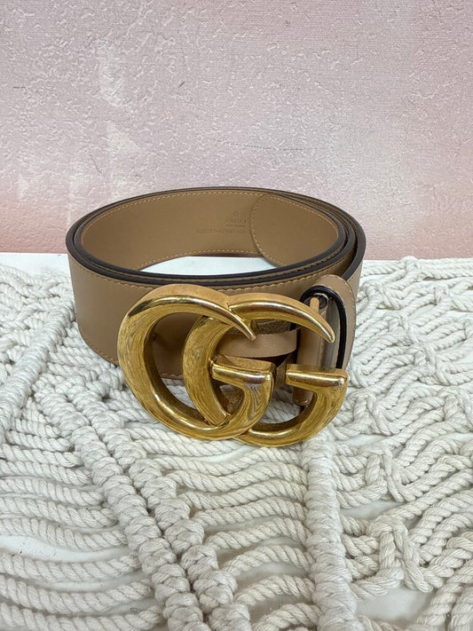 Gucci Tan Marmont Brushed Gold Double G Belt
