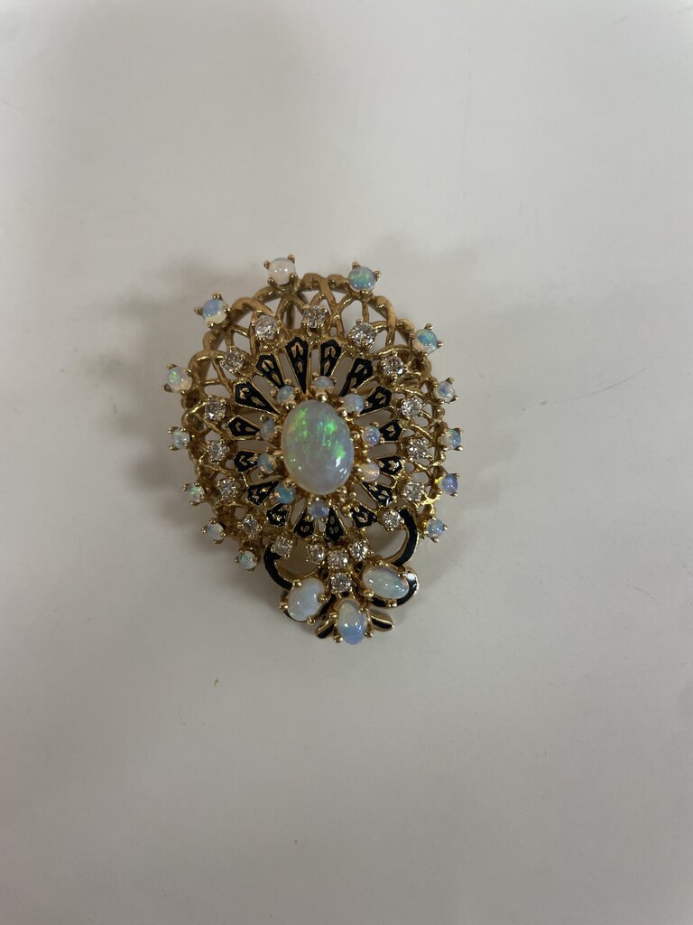 Yellow Gold, Opal, Enamel and Diamond Vintage Brooch/Pendant