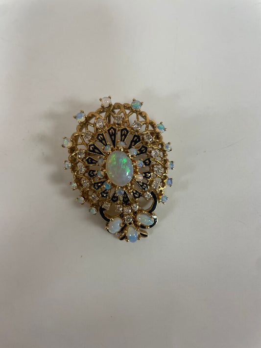 Yellow Gold, Opal, Enamel and Diamond Vintage Brooch/Pendant