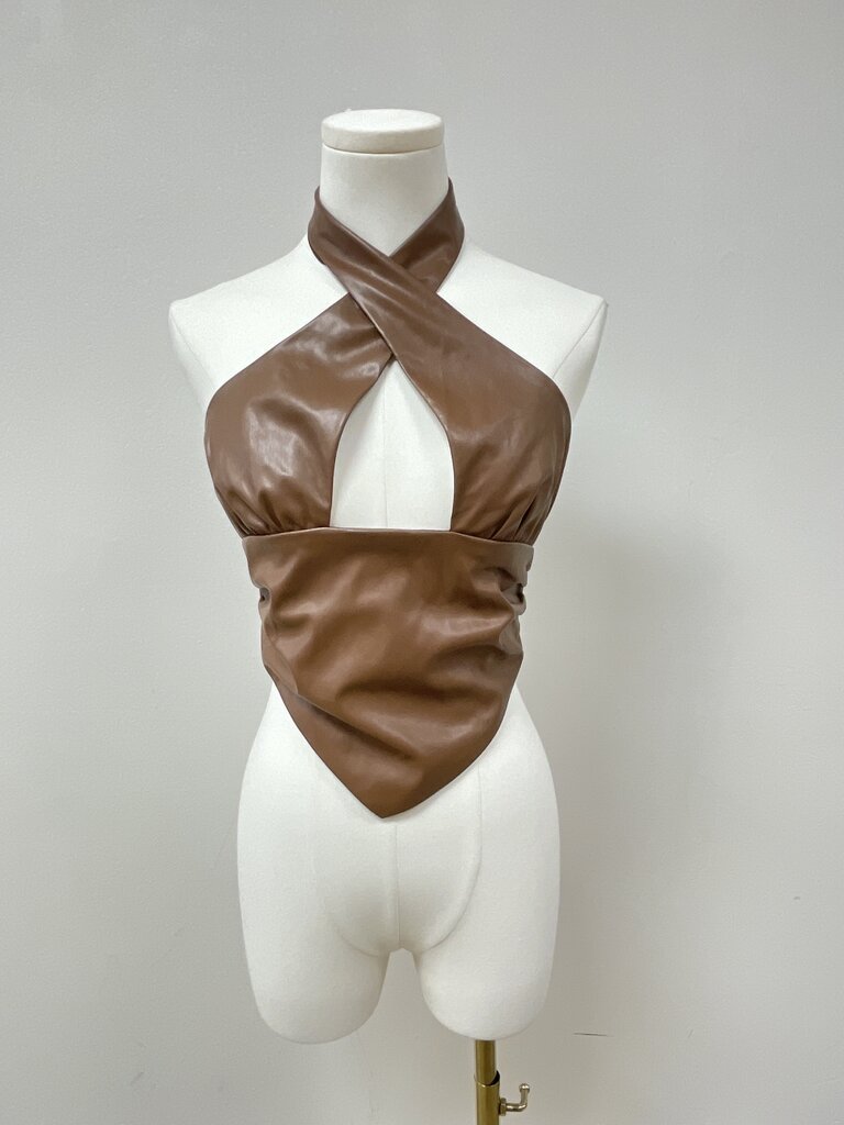 Superdown Brown Faux Leather Halter Top NWT