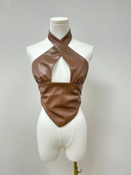 Superdown Brown Faux Leather Halter Top NWT