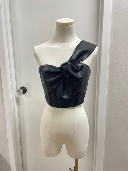 Milly Black Leather Twist One Shoulder Top