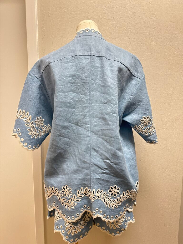 Zimmermann Slate Blue Linen Eyelet Shorts Set