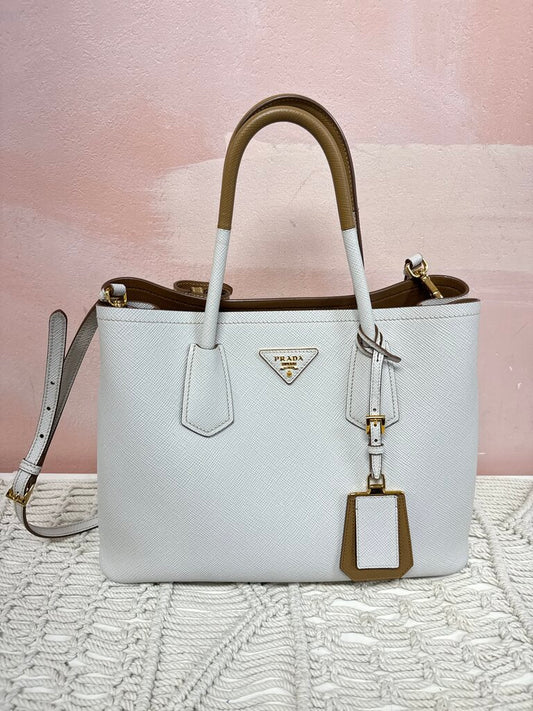 Prada Beige Bi Color Saffiano Cuir Medium Double Bag