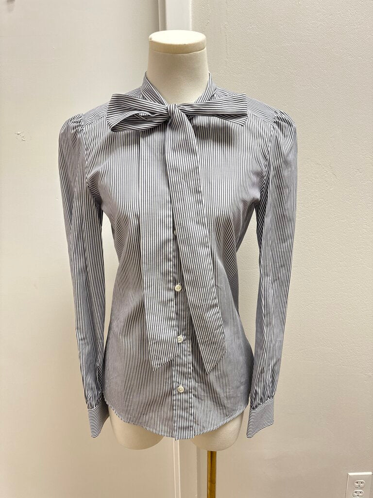 Dolce & Gabbana Blue Pinstripe Button Up Tie Front Blouse NWT