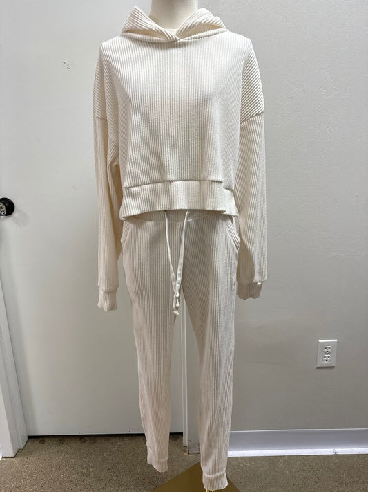 Alo Ivory Ribbed Sweatshirt and Sweatpants Set