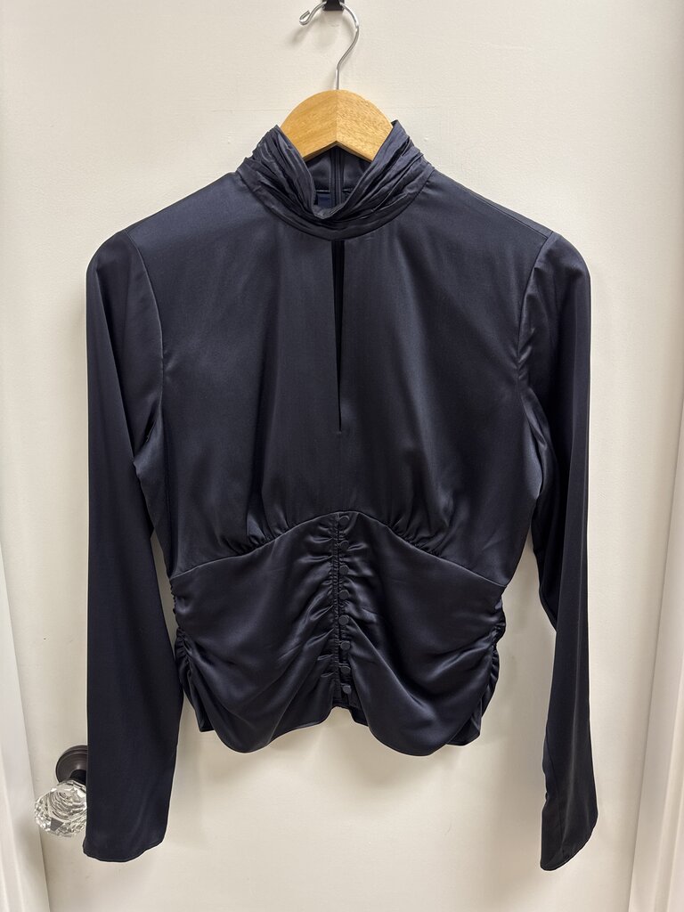 Frame Navy Mock Neck Silk Blouse