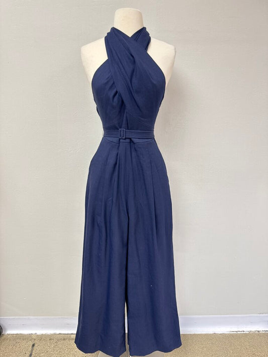 A.L.C. Navy Linen Halter Jumpsuit