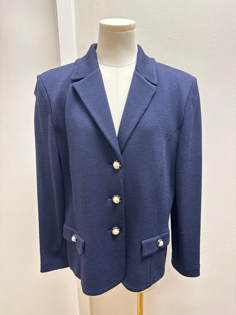 St John Blue Knit Pearl Detail Blazer