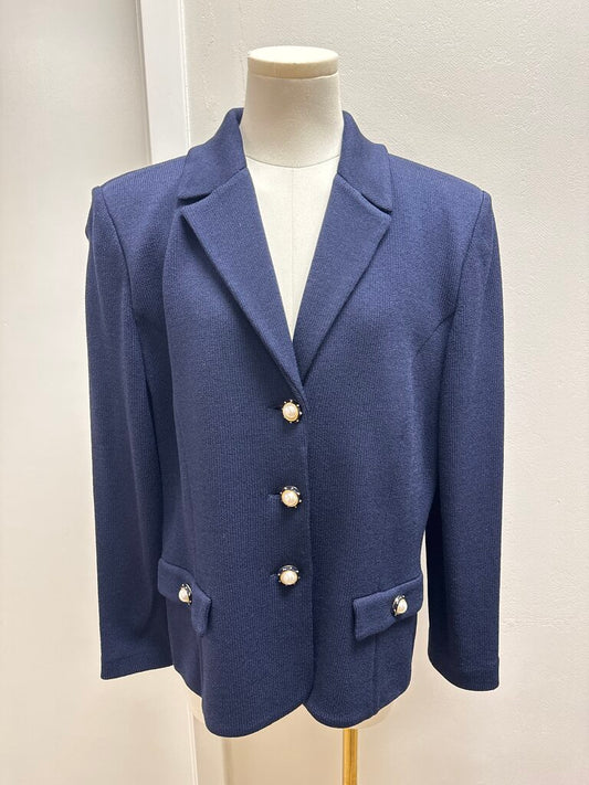 St John Blue Knit Pearl Detail Blazer
