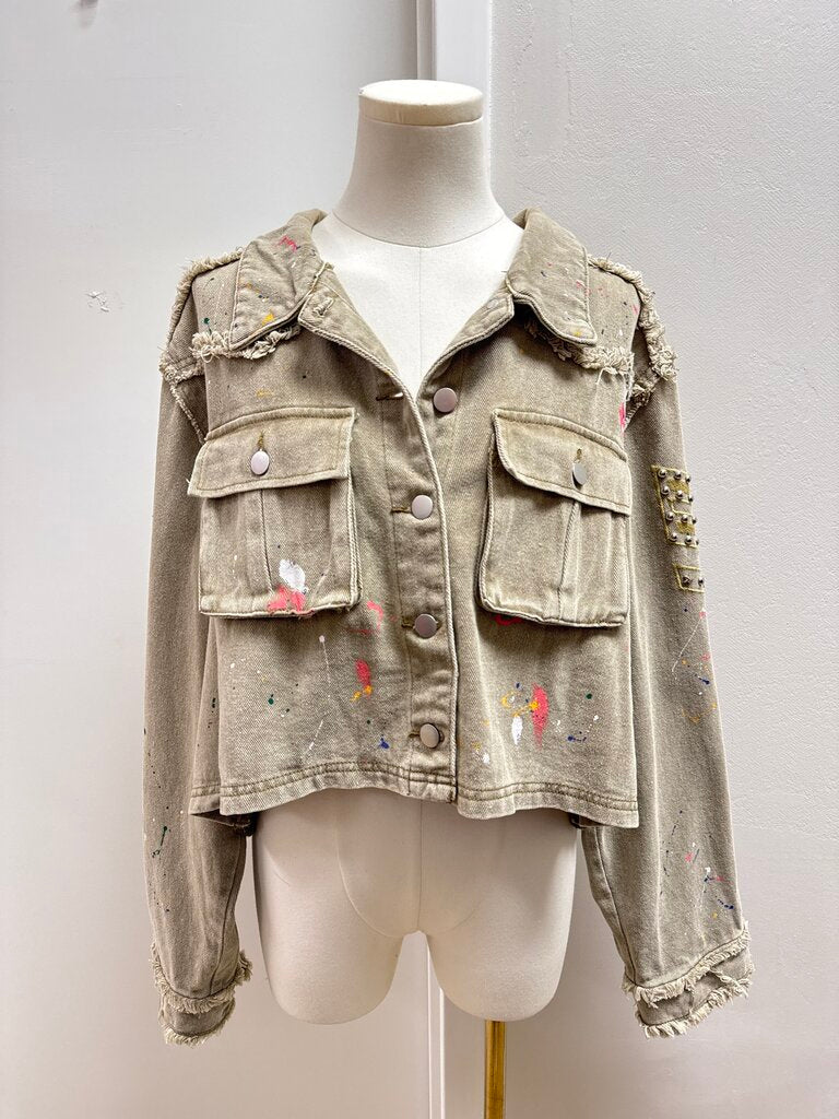POL Khaki Paint Splatter Jean Jacket