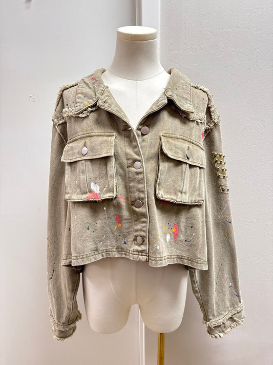 POL Khaki Paint Splatter Jean Jacket