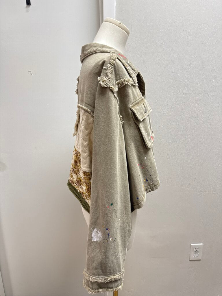 POL Khaki Paint Splatter Jean Jacket