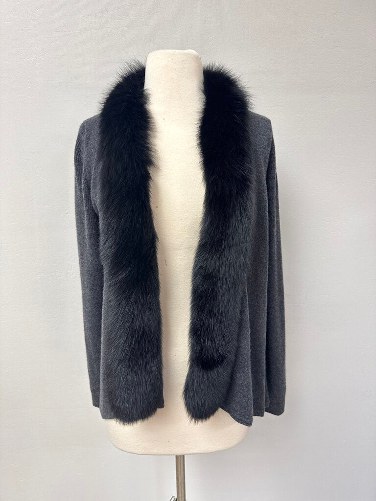 Saks Fifth Ave Grey Ribbed Cashmere and Fur Trim Sweater