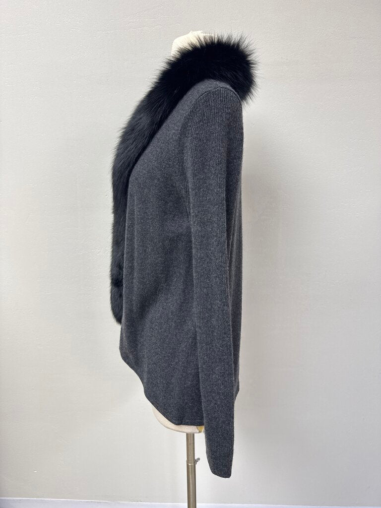 Saks Fifth Ave Grey Ribbed Cashmere and Fur Trim Sweater