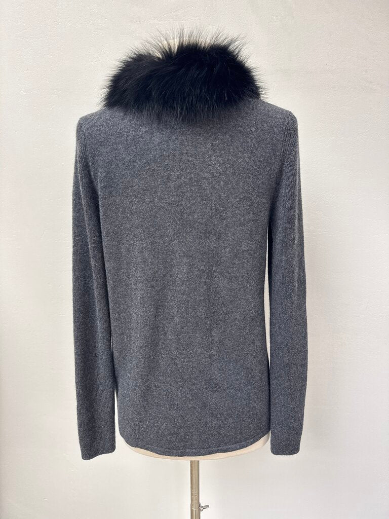 Saks Fifth Ave Grey Ribbed Cashmere and Fur Trim Sweater