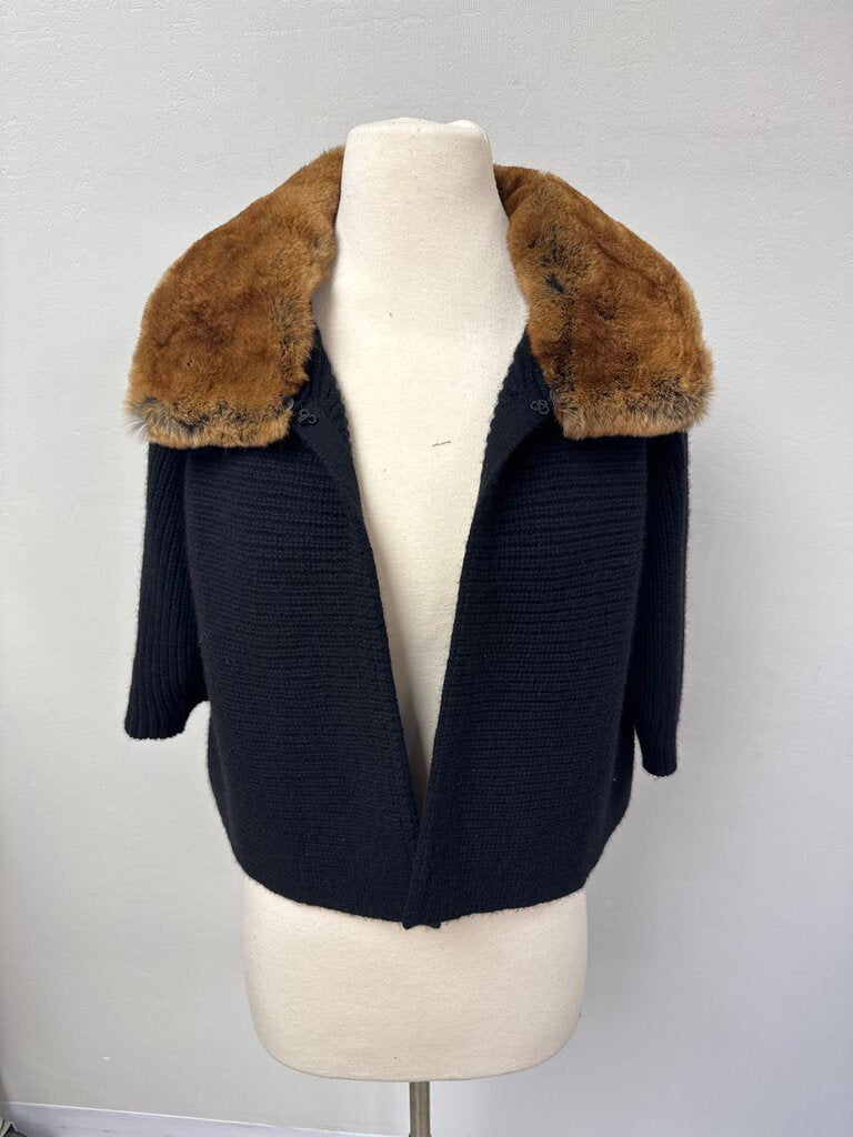Saks Fifth Ave Black Ribbed Cashmere and Fur Trim Sweater