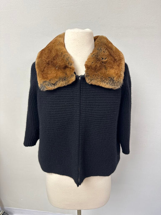 Saks Fifth Ave Black Ribbed Cashmere and Fur Trim Sweater