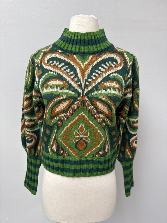 Farm Rio Green Printed Mock Neck Sweater