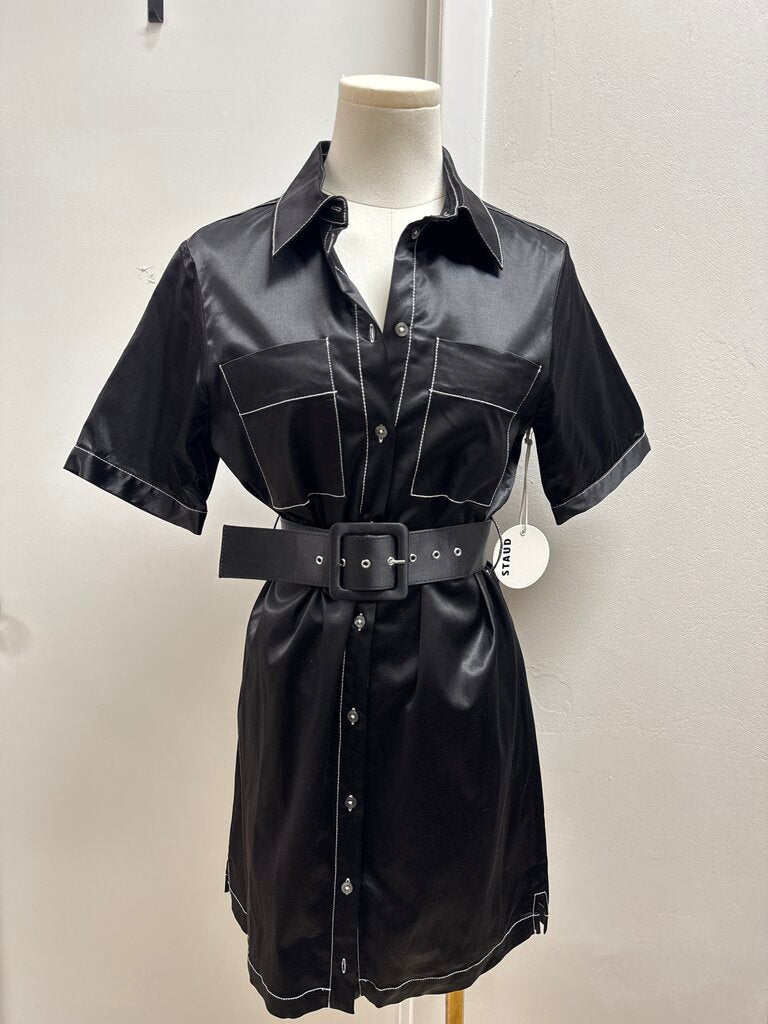 Staud Black Satin Belted Shirt Dress NWT