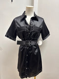 Staud Black Satin Belted Shirt Dress NWT