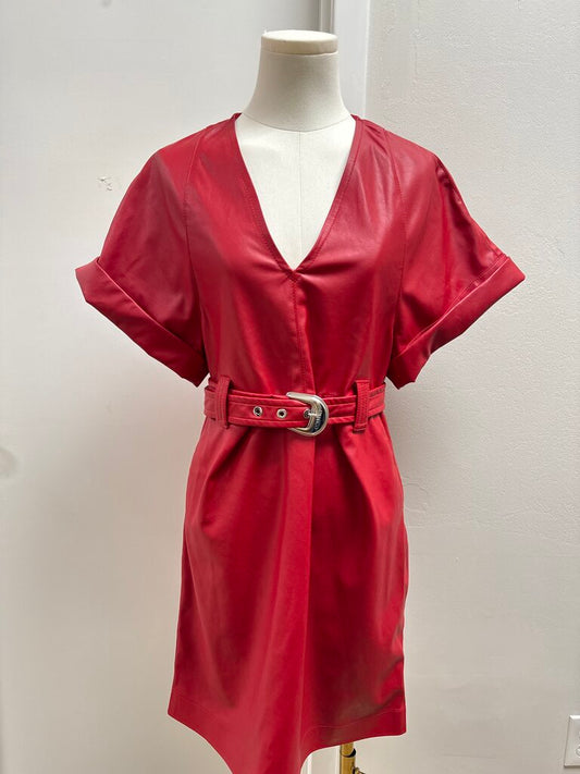 Pinko Red Faux Leather Belted Dress