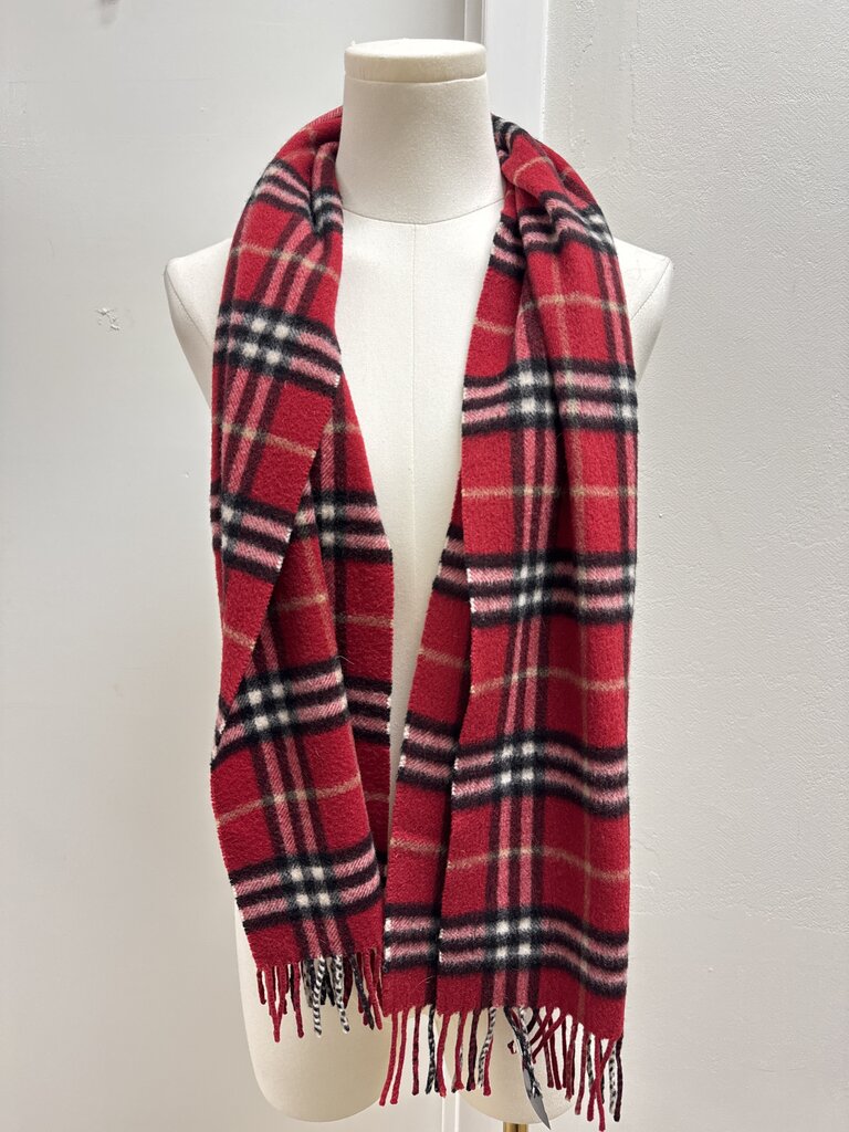 Burberry Red Plaid Cashmere Fringe Scarf