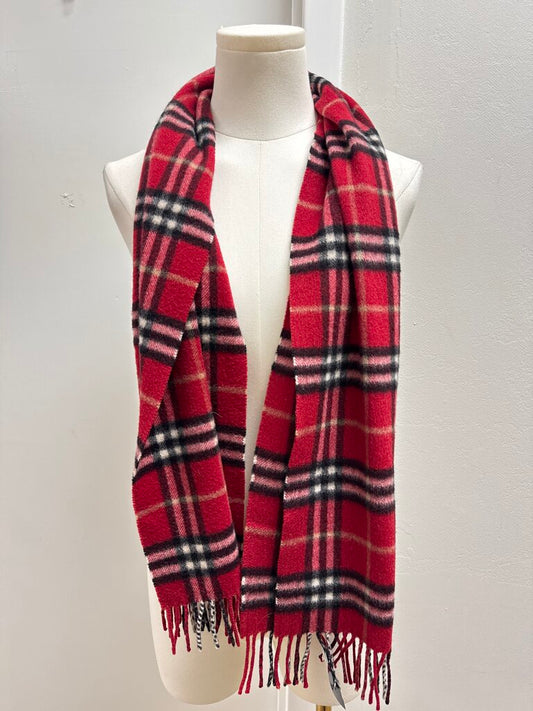 Burberry Red Plaid Cashmere Fringe Scarf
