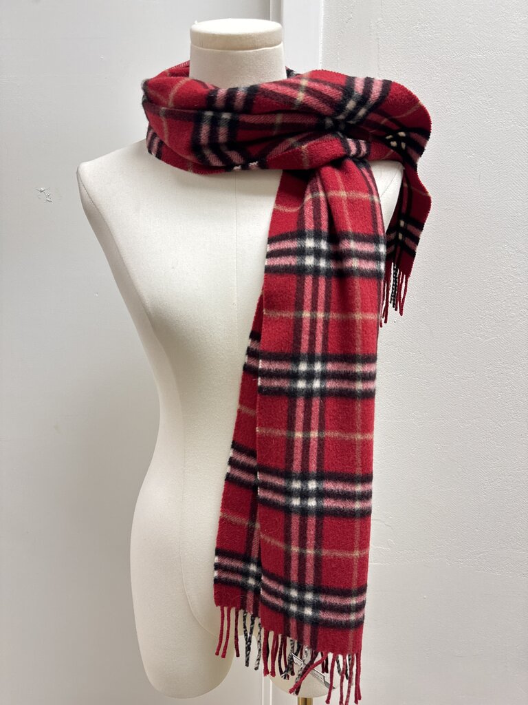 Burberry Red Plaid Cashmere Fringe Scarf
