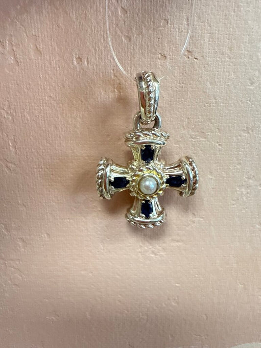 Judith Ripka Sterling Blue Sapphire and Pearl Maltese Cross Pendant