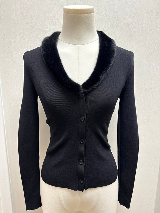 Staud Black Fur Trim Cardigan NWT