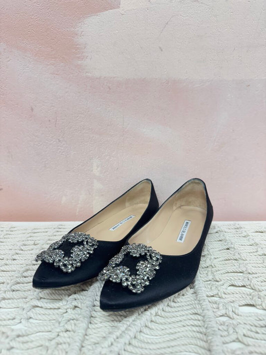 Manolo Black Satin Buckle Flat