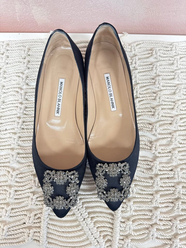 Manolo Black Satin Buckle Flat