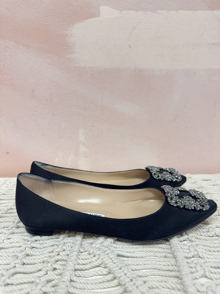 Manolo Black Satin Buckle Flat