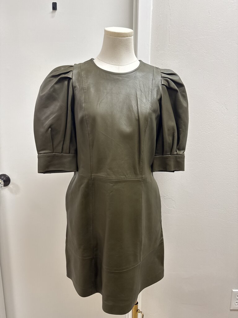 Ted Baker Khaki Leather Puff Sleeve Dress NWT