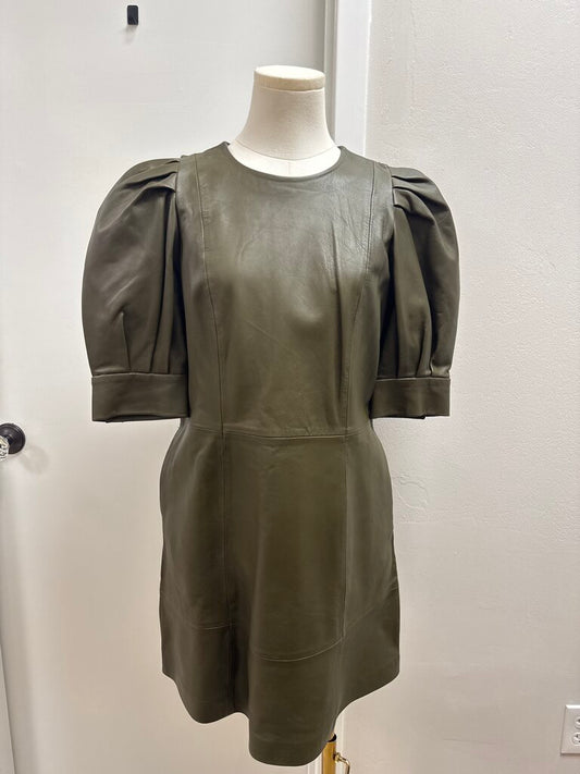 Ted Baker Khaki Leather Puff Sleeve Dress NWT