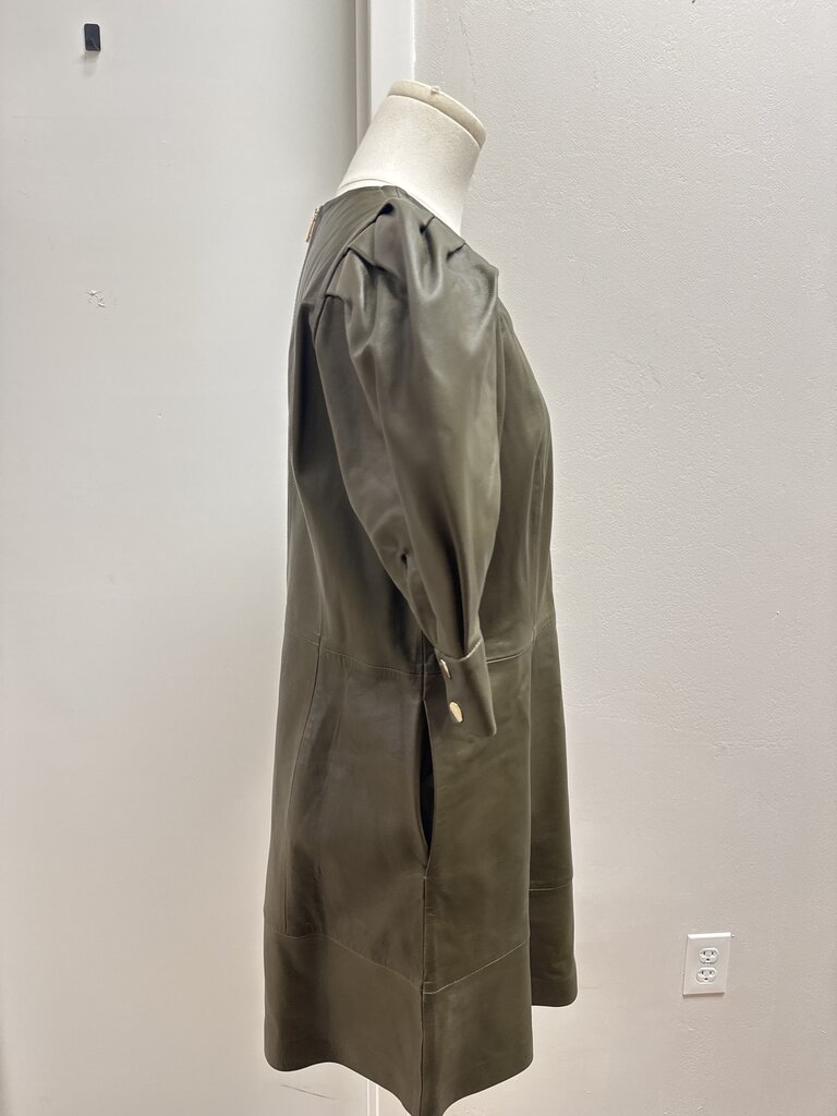 Ted Baker Khaki Leather Puff Sleeve Dress NWT