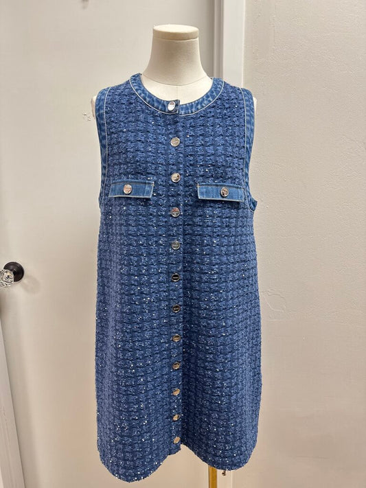 Sandro Blue Sequin Tweed and Denim Sheath Dress