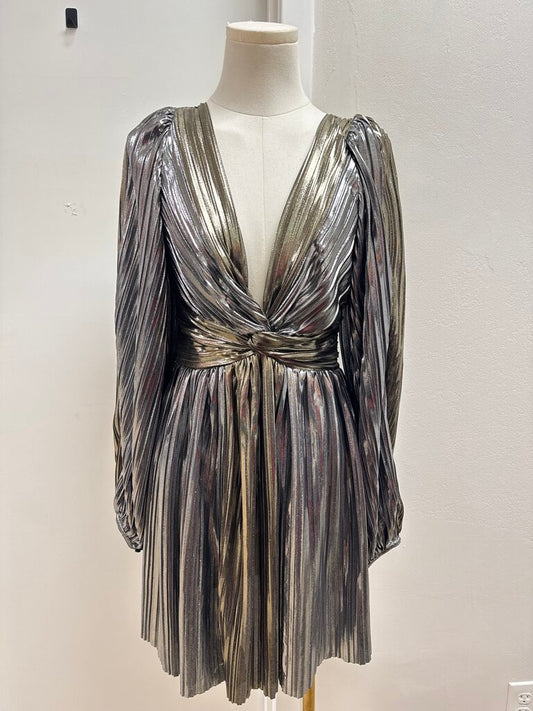 Sabina Musayev Silver Lame Pleated Mini Dress