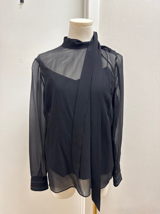 Gucci Black Sheer Tie Front Silk Georgette Blouse (Orig $2200)