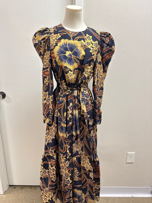 Ulla Johnson Navy and Gold Belted Maxi Dress