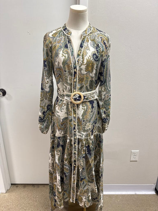 Veronica Beard Green Floral Linen Belted Maxi Dress