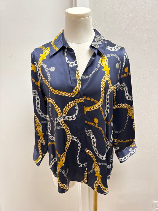 L'Agence Navy Chain Print Blouse